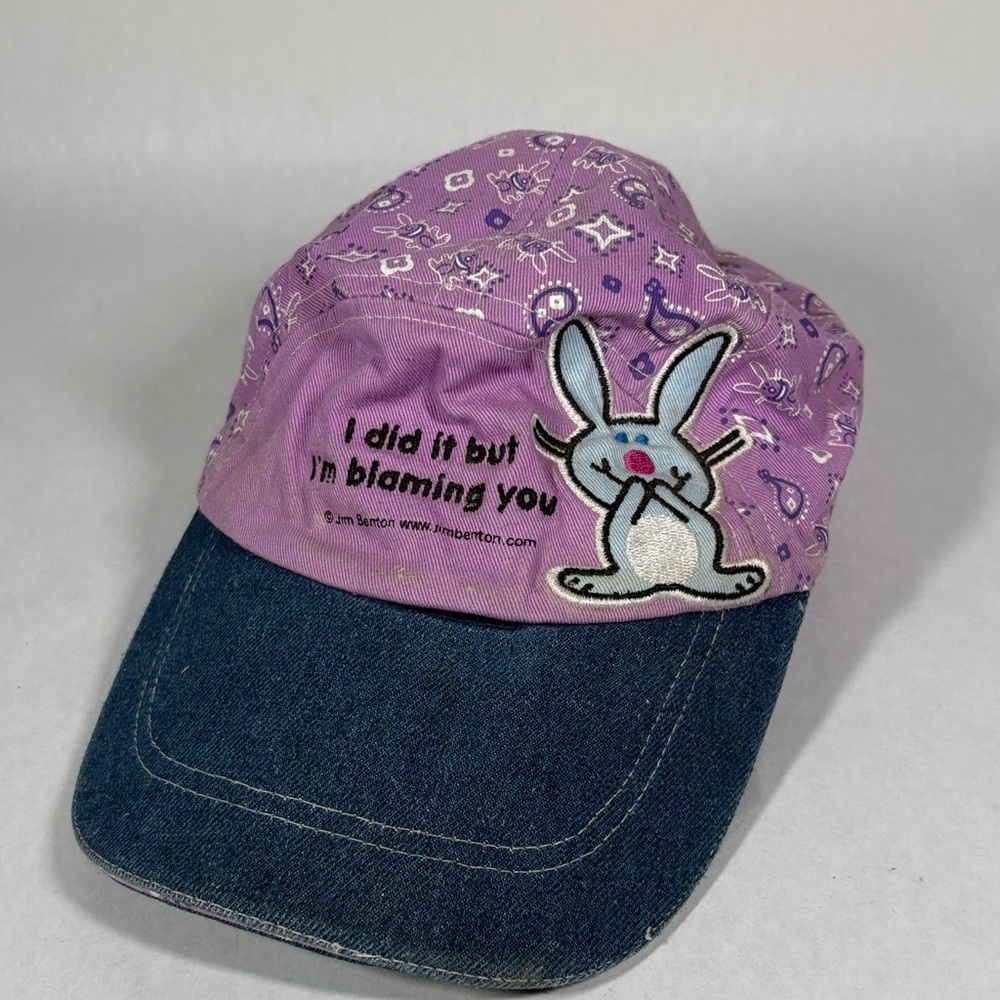 Y2K Jim Benton Happy Bunny Hat. Purple Bandana Print & Denim Brim”